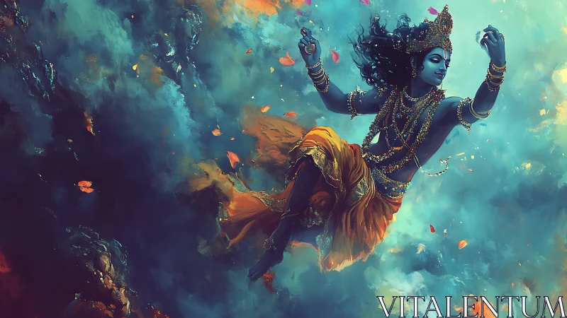 Blue-skinned dancing deity floats within swirling clouds