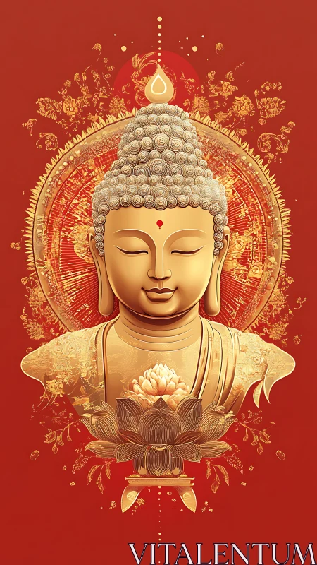 Golden Buddha bust with lotus motif on red ornamental field.