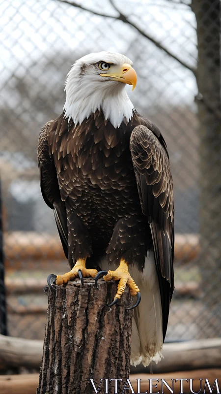 Bald eagle on wooden perch within enclosed outdoor habitat.