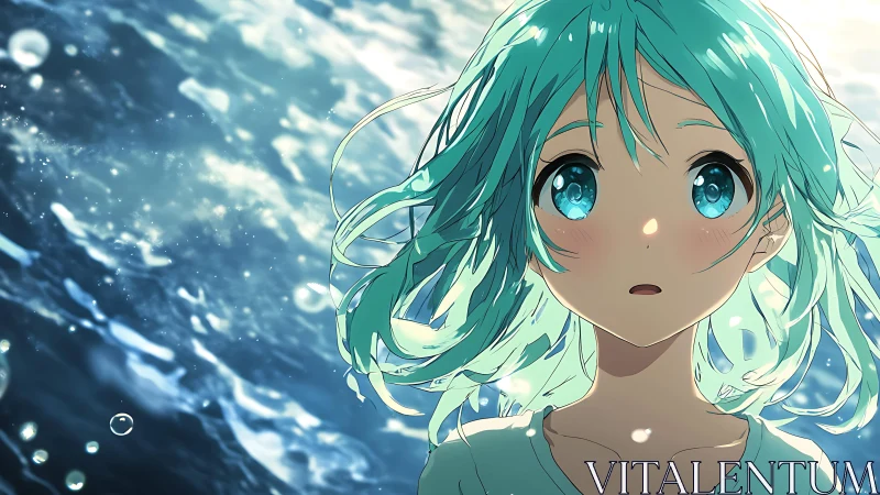 Girl with teal hair is rendered against a dynamic water surface