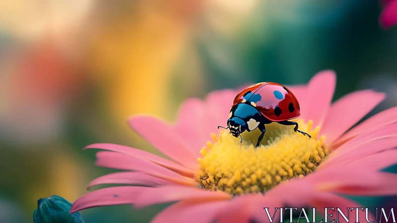 Ladybug on pink flower with soft blurred background.