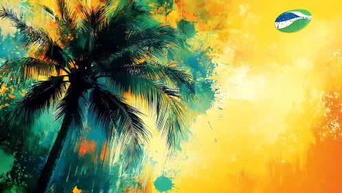 Palm silhouette against yellow and teal abstract background.