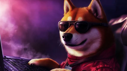Cool shiba inu wearing sunglasses types on laptop