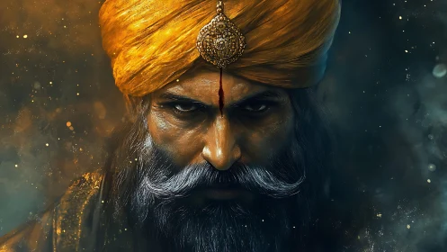 Intense turbaned warrior gazes forward with fierce resolve