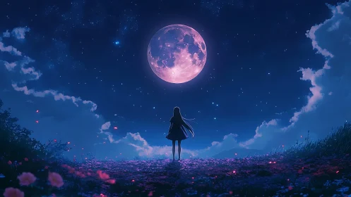 Girl silhouetted under large moon in starry night sky.