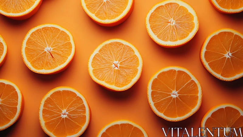 Orange halves form geometric pattern on vivid orange background