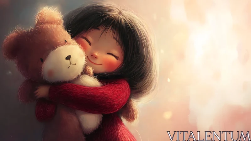 Girl Embracing Teddy Bear in Golden Warmth.