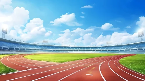 Sunlit stadium track curves around a calm green field
