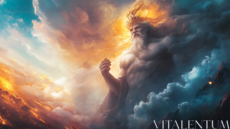 Storm-forged sky god rises between fire and soft clouds