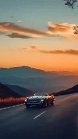 Sunset-soaked classic roadster glides through mountain curves