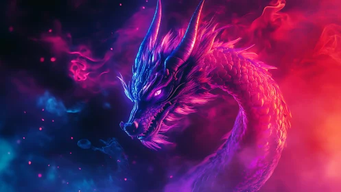 Neon bioluminescent dragon profile in magenta cyan vapor field.
