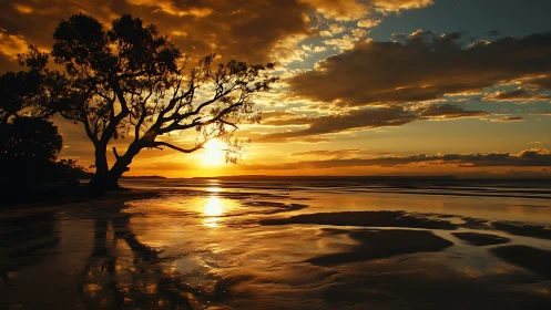 Solitary coastal tree silhouetted in molten sunset glow.