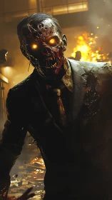 Corporate corpse strides through firelit ruin of night.