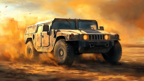 Armored off-road vehicle driving through desert dust.
