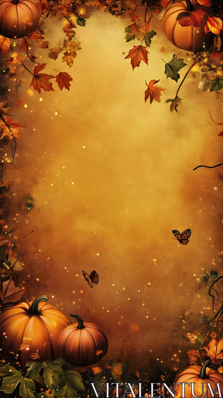 Autumn pumpkins and falling leaves on warm orange background.