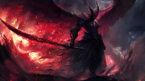 Armored winged demon stands in red flaming storm clouds