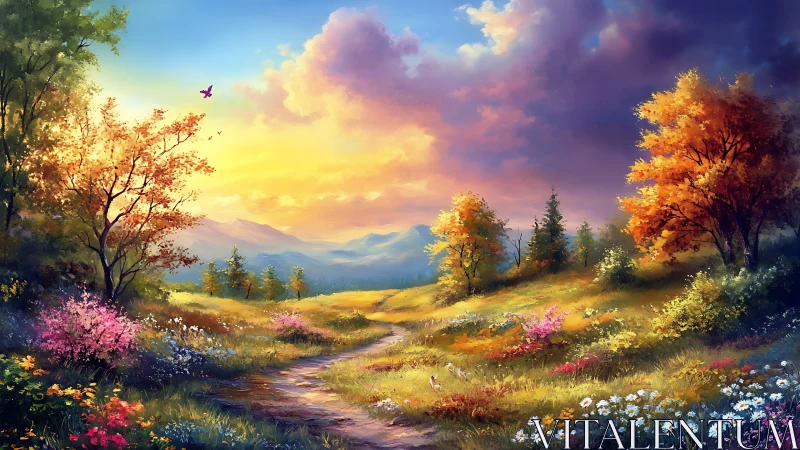 Twilight path wanders through a spellbound painted meadow.