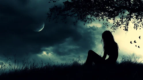 Lunar backlit silhouette under storm-laden nocturnal canopy.