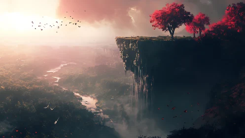 Crimson trees watching a misty river fade into the sky.