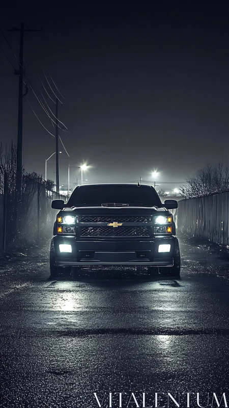 Black Chevy truck dominates wet urban night alleyway scene.