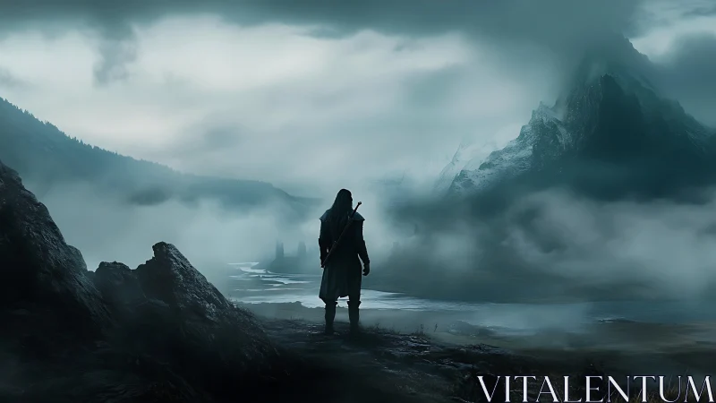 Lone wanderer greets misty mountains in a quiet fantasy dawn