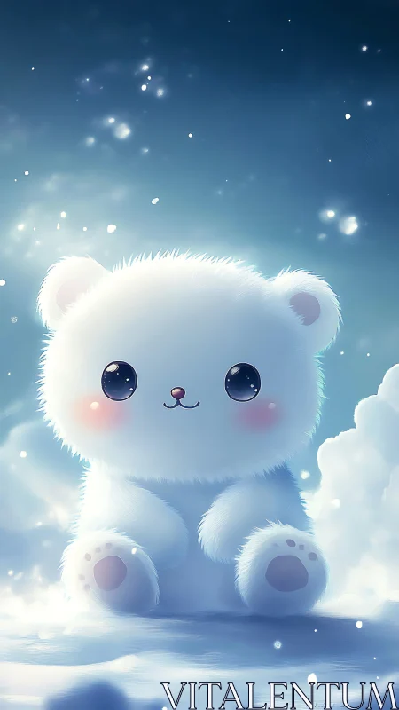 Snowy baby bear sharing a soft, starry night moment.