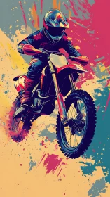 Motorcyclist performing jump amid abstract color splashes.