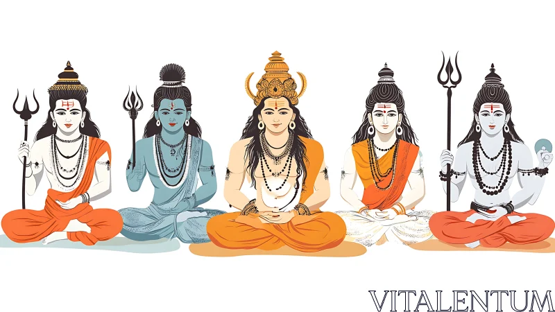 Sacred row of meditative Hindu deities radiates serene power