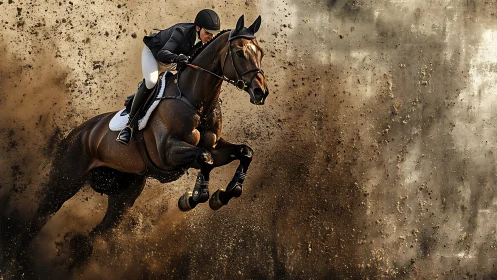 Equestrian jumper explodes through dirt with dynamic power.