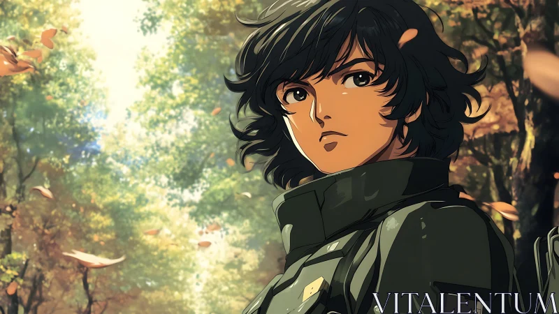 Serious anime soldier in autumn forest environment.