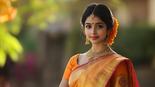Smiling woman in traditional Indian saree poses outdoors
