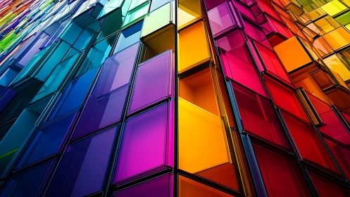 Chromatic glass cubes forming abstract vertical gradient wall.