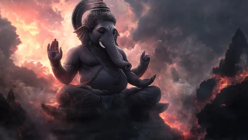 Divine elephant-headed deity in molten sky-lit stormscape.