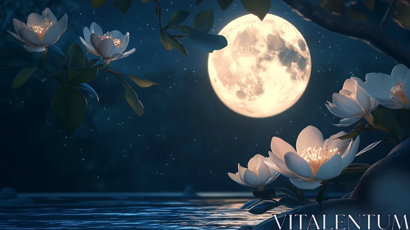 Luminous full moon over reflective river with glowing lilies.