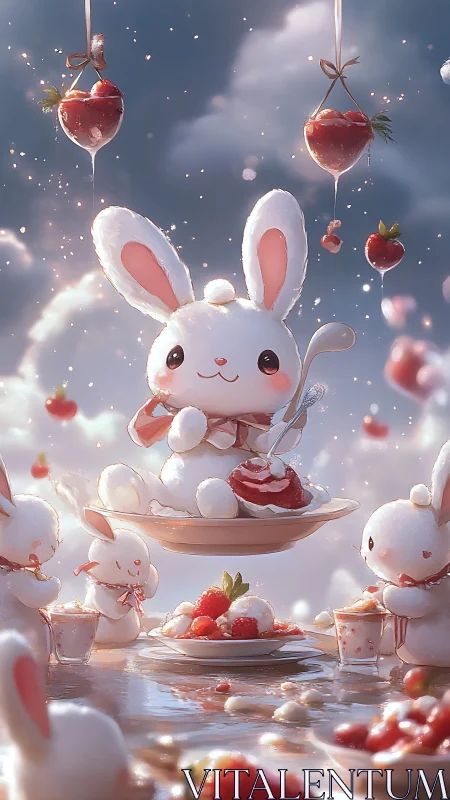White rabbit plush figures with floating strawberries in sky.