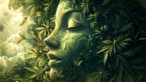 Leaf-formed woman face merges with lush emerald forest dream