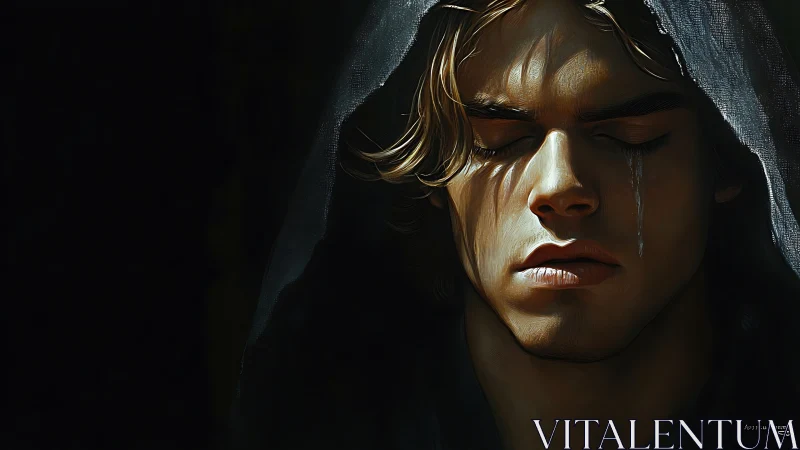 Hooded daylight mourner wrapped in shadowed silence.