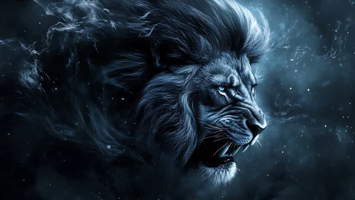Majestic cosmic lion roaring through swirling starlight.
