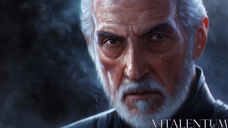 Digital portrait of stern older man with white beard.