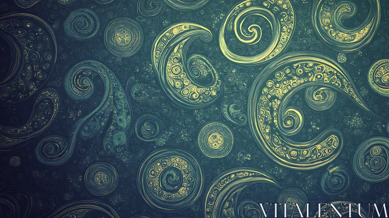 Golden fractal spirals curve across deep teal abstract field