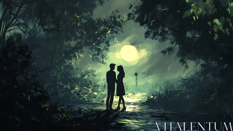 Couple Under Moonlight in Jungle Forest Setting