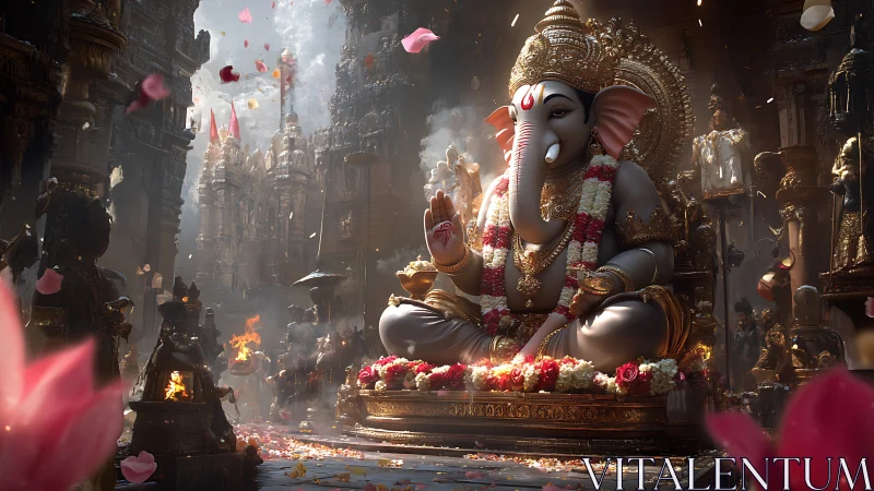 Digital painting of ornate Ganesha shrine in cinematic light.