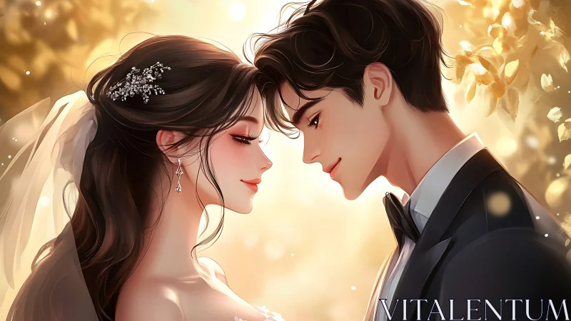 Wedding couple portrait in soft golden anime style scene.