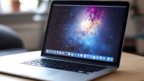 Open laptop on desk with galaxy wallpaper displayed.