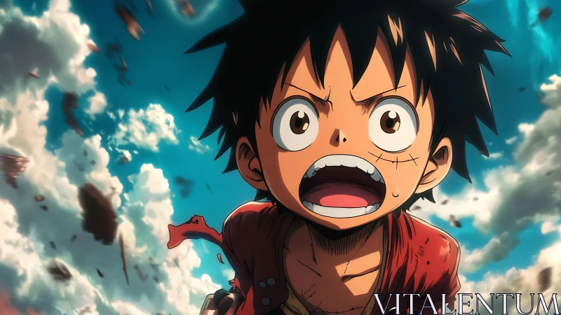 Determined anime boy screams under storm-swept sky