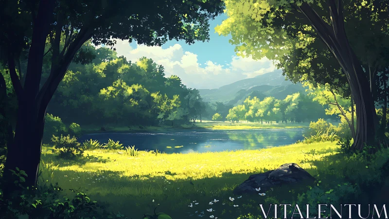 Luminous Valley: Sunlit River Through Ancient Forest Canopy.