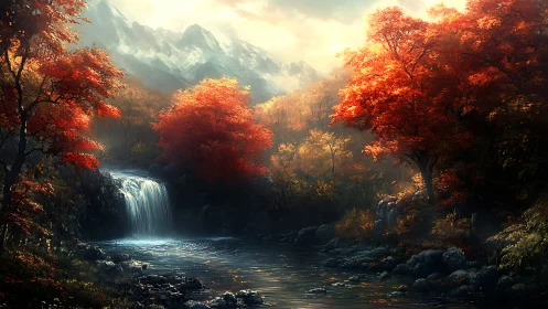 Autumn waterfall valley under glowing mountain light.