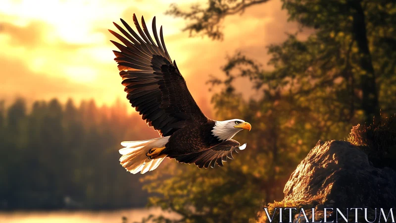Majestic Bald Eagle Soaring Over Forest at Sunset in Realism Style.