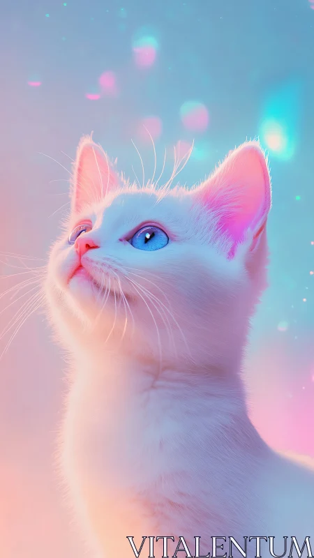 White Cat with Blue Eyes Against Neon Gradient Background.