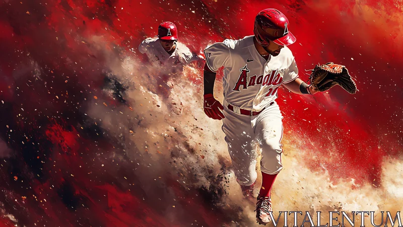 Red-scorched baseball sprint erupts through flying infield dust.